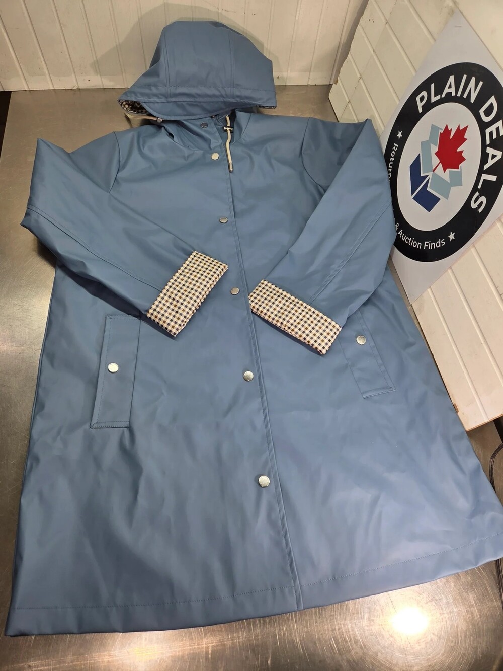 Women's Waterproof Hooded Raincoat ,Slate Blue with Gingham Plaid Lining (Size M